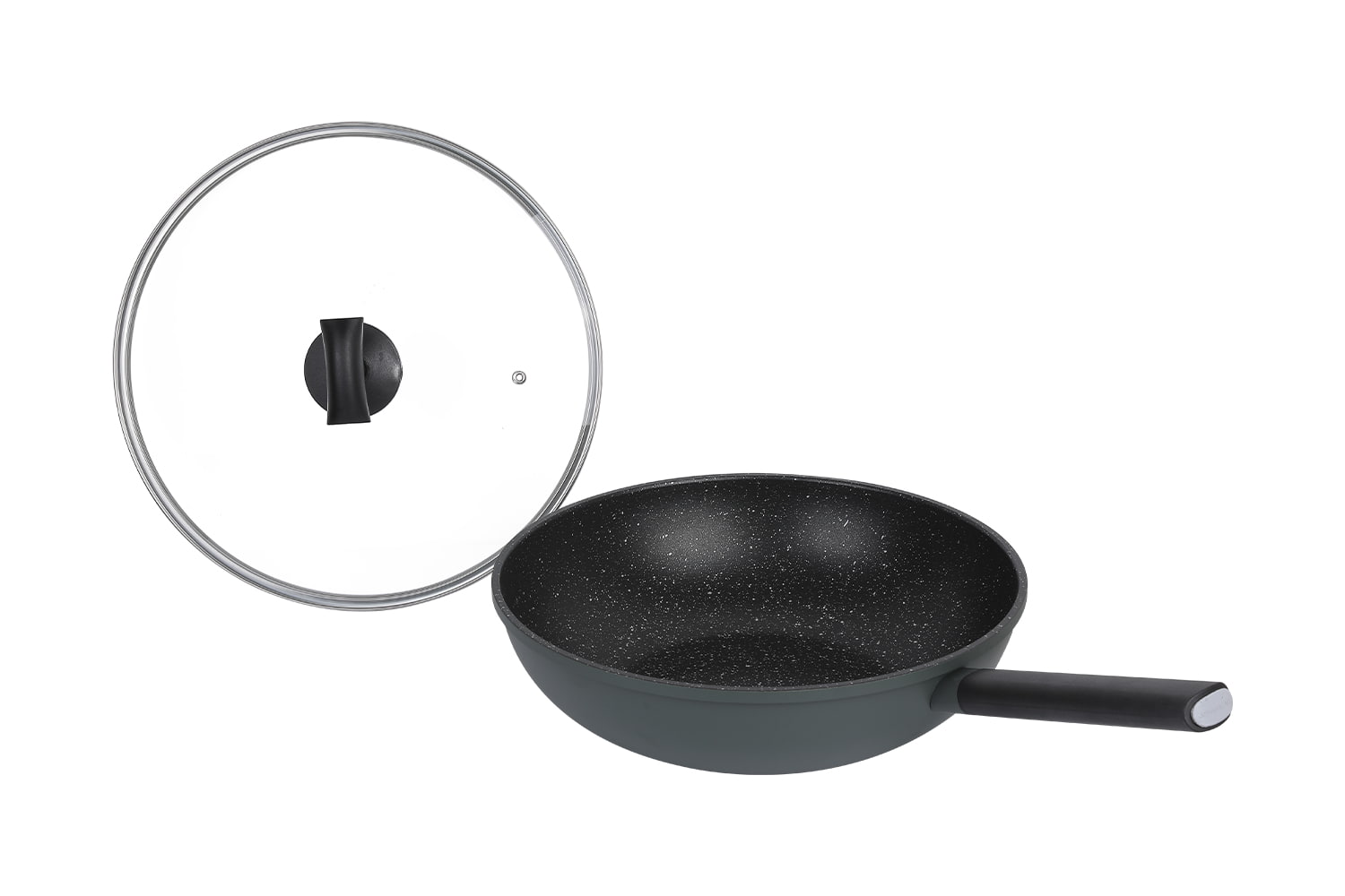 CF-CLB3263D Imiteret trykstøbningswok-Med glaslåg, imiteret trykstøbt medicinsk sten 32 non-stick wok