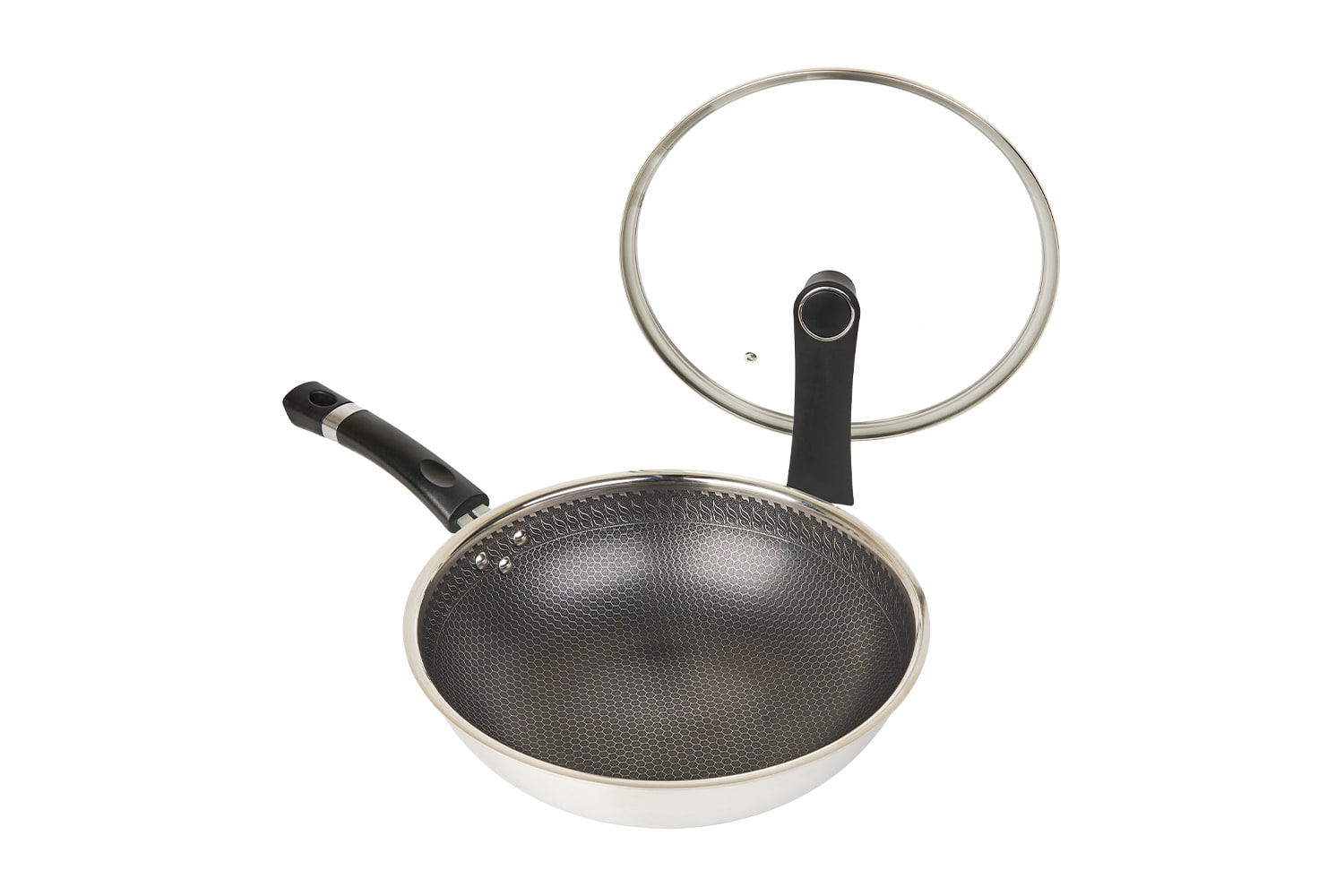 CF30C-CJ538 Wok i rustfrit stål med glaslåg, ætsende non-stick belægning, ridsefast, husholdningsbrug