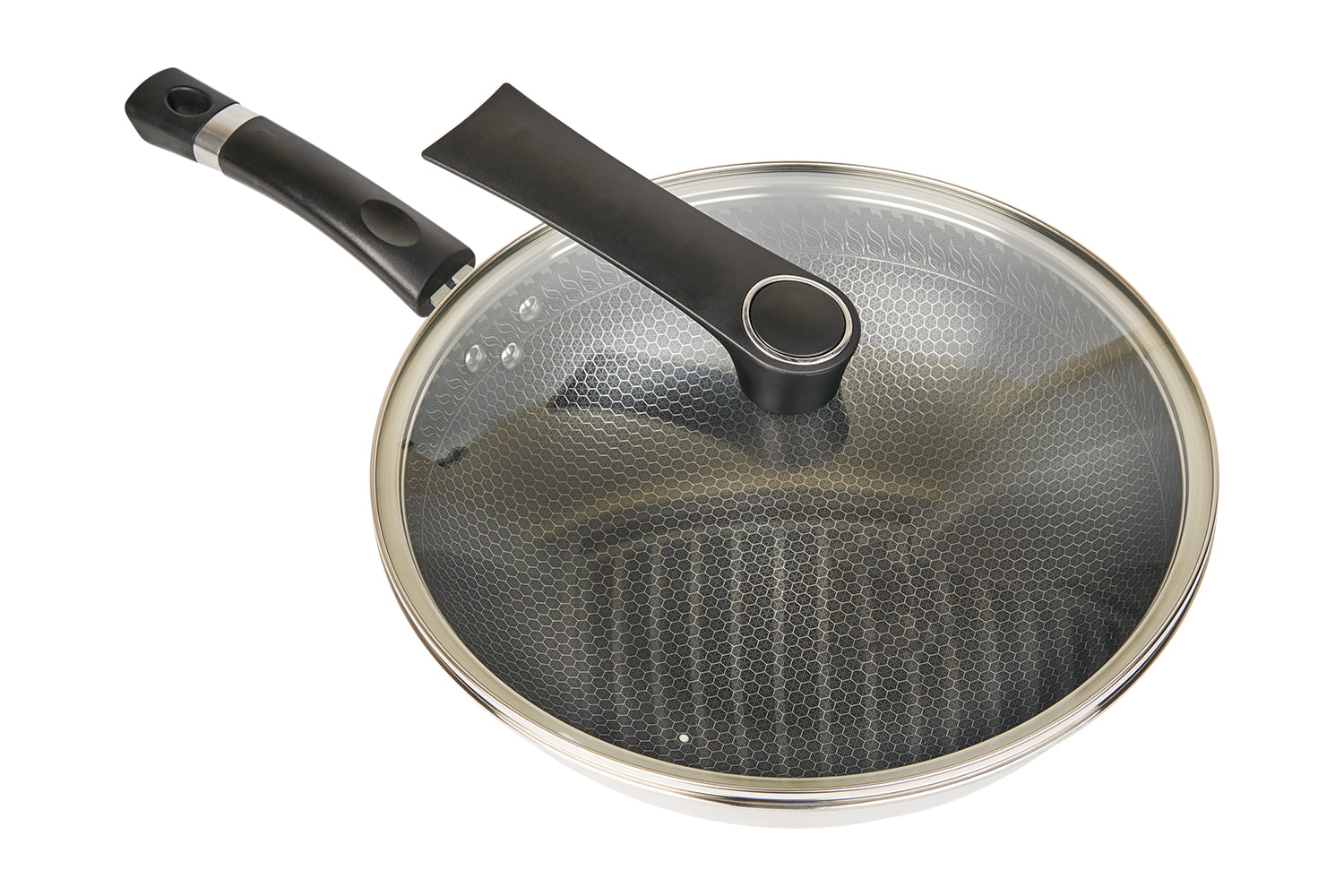 CF30C-CJ538 Wok i rustfrit stål med glaslåg, ætsende non-stick belægning, ridsefast, husholdningsbrug