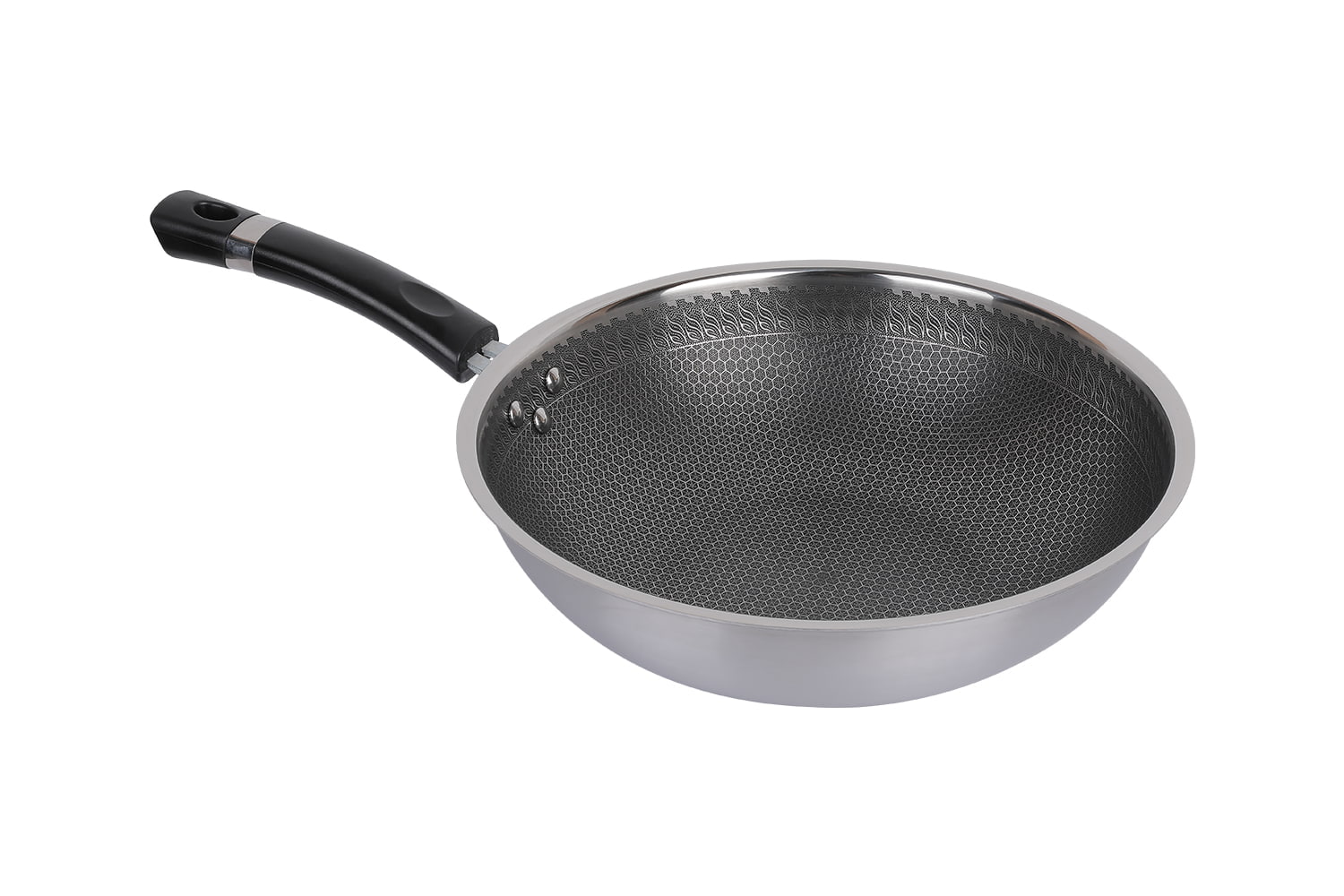 CF30C-CJ538 Wok i rustfrit stål med glaslåg, ætsende non-stick belægning, ridsefast, husholdningsbrug