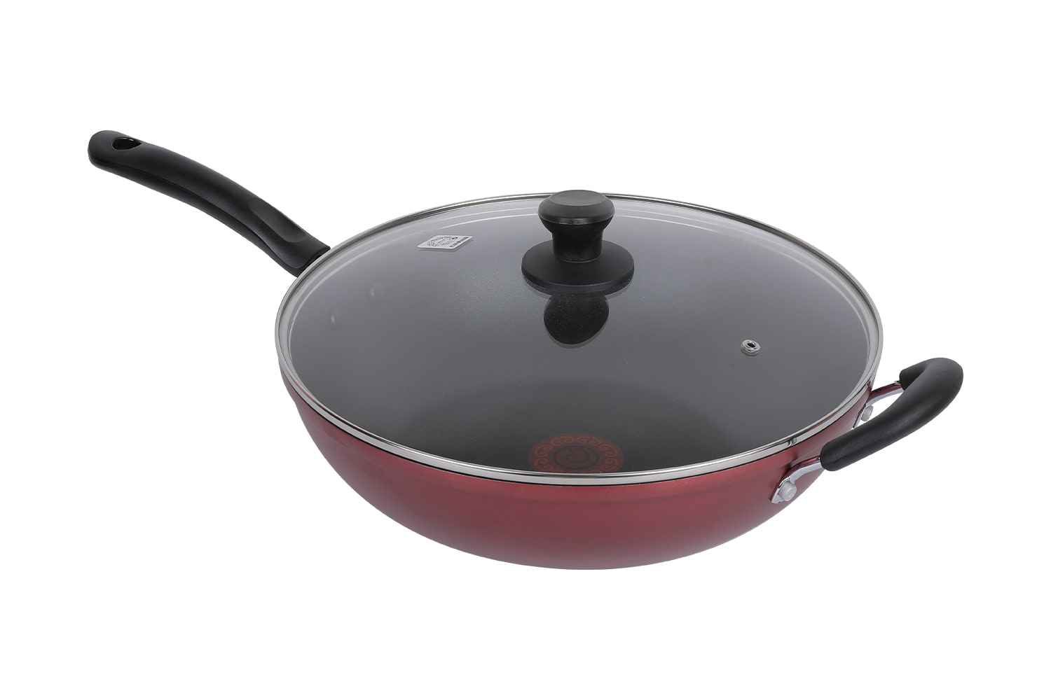 CF32C-CJ772 Flaming Wok-Med glaslåg imiteret trykstøbning pad print flammende rød prik 32 non-stick wok