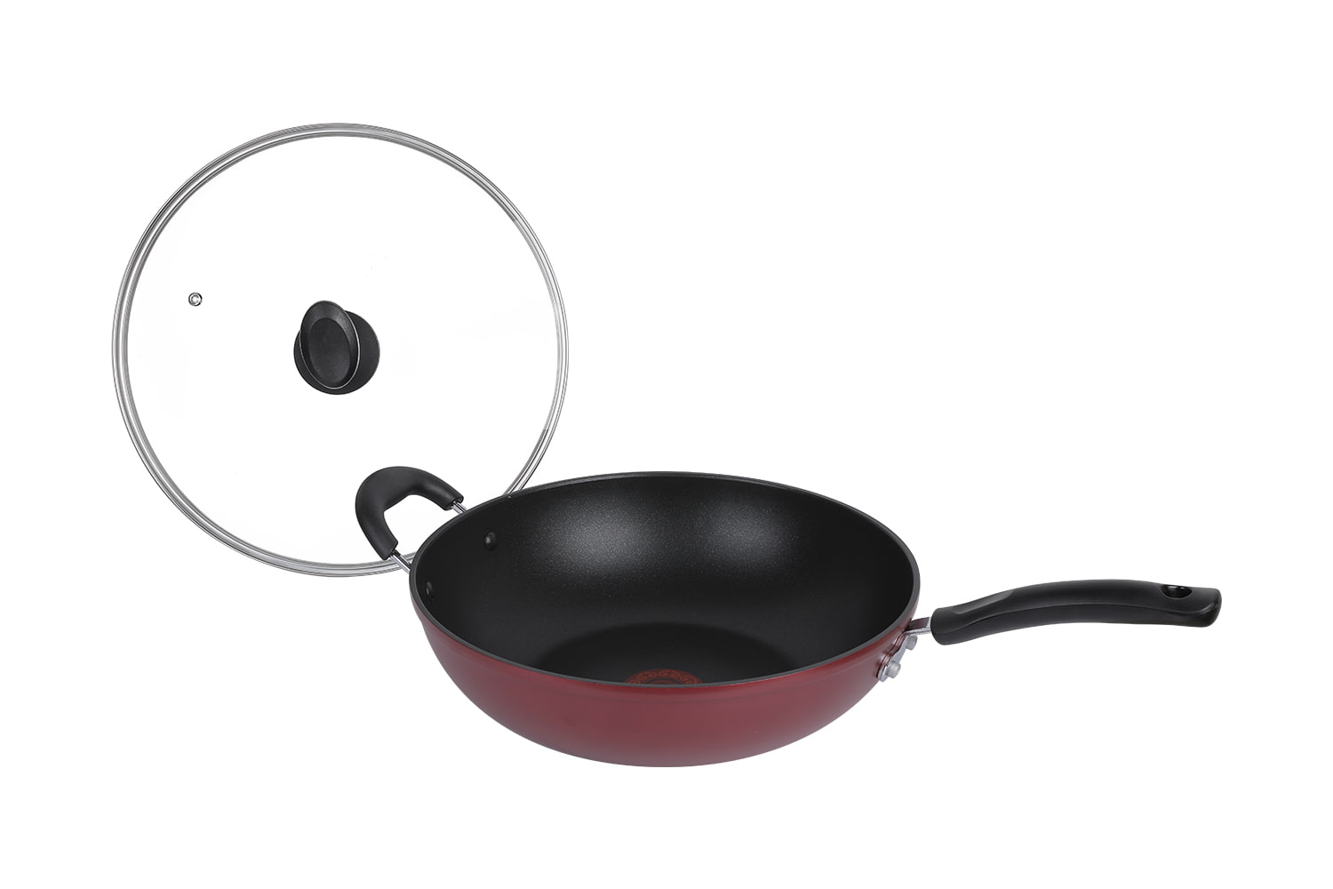 CF32C-CJ772 Flaming Wok-Med glaslåg imiteret trykstøbning pad print flammende rød prik 32 non-stick wok