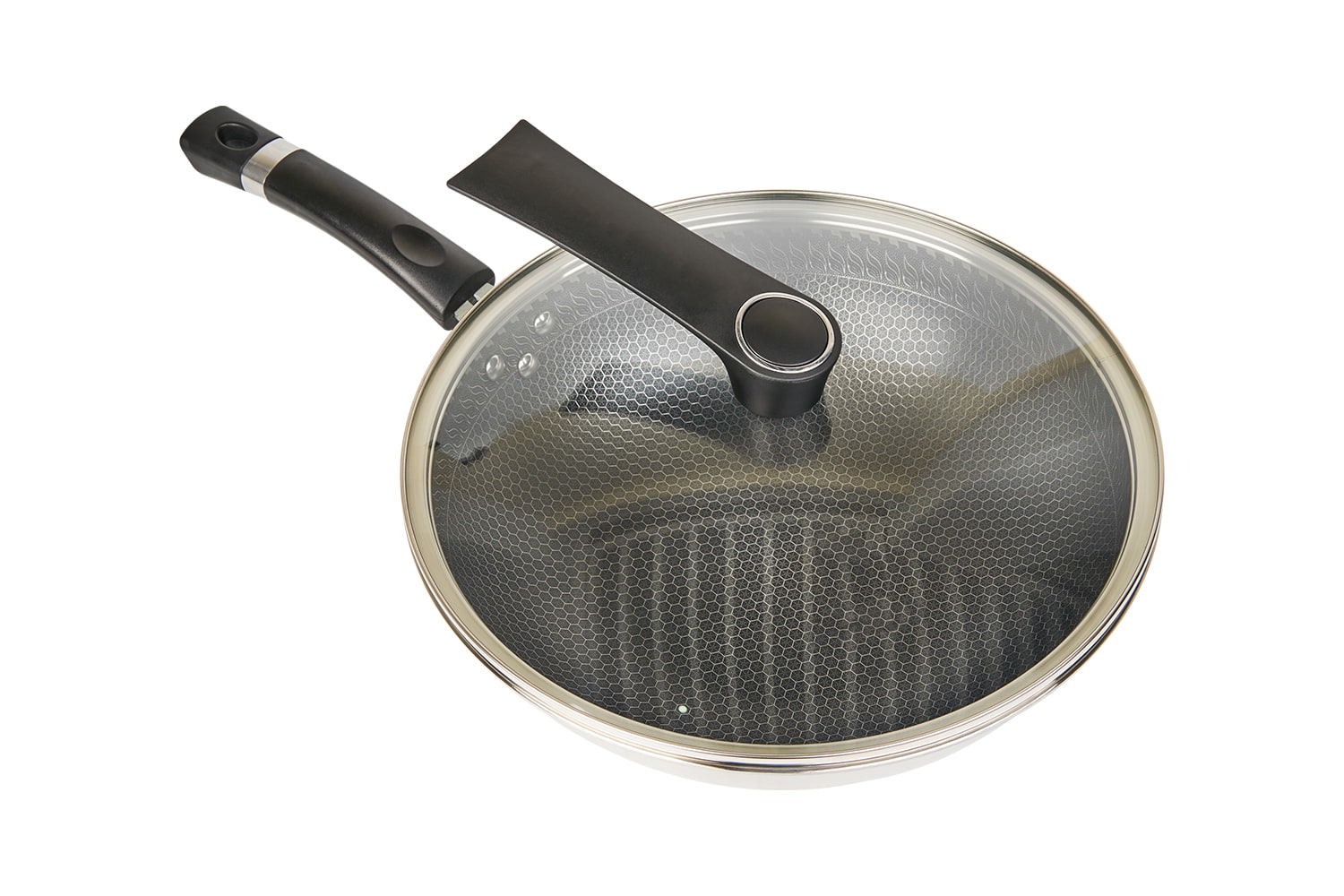 CF34C-CJ598 Wok i rustfrit stål med glaslåg, ætsende non-stick belægning, ridsefast, husholdning